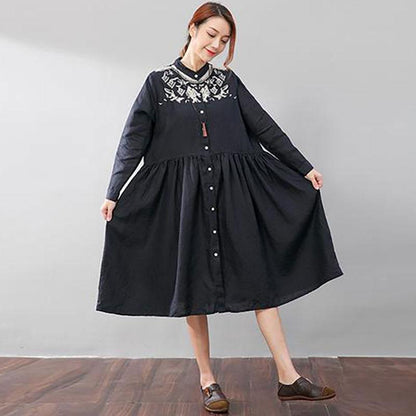 Women Linen Pleated Long Sleeve Embroidered Dress