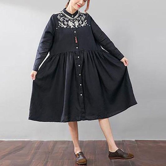 Women Linen Pleated Long Sleeve Embroidered Dress