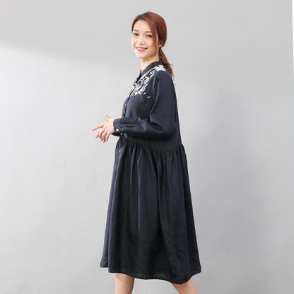 Women Linen Pleated Long Sleeve Embroidered Dress