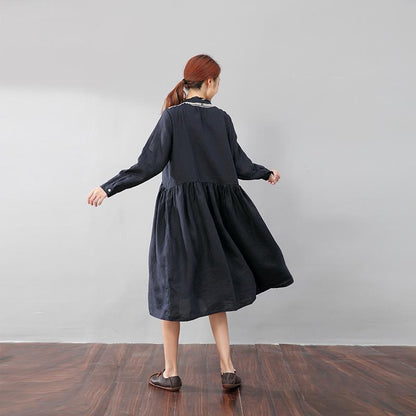 Women Linen Pleated Long Sleeve Embroidered Dress
