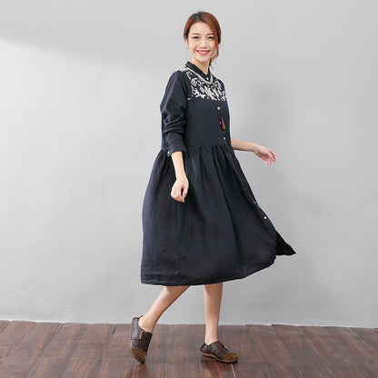 Women Linen Pleated Long Sleeve Embroidered Dress