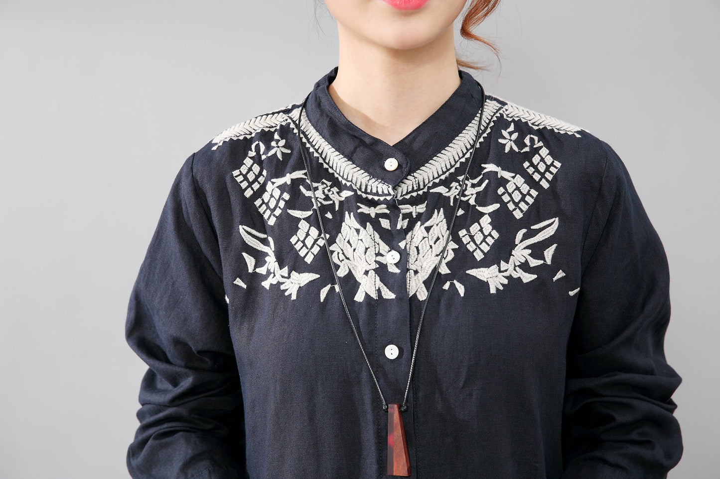 Women Linen Pleated Long Sleeve Embroidered Dress