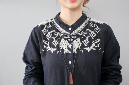 Women Linen Pleated Long Sleeve Embroidered Dress