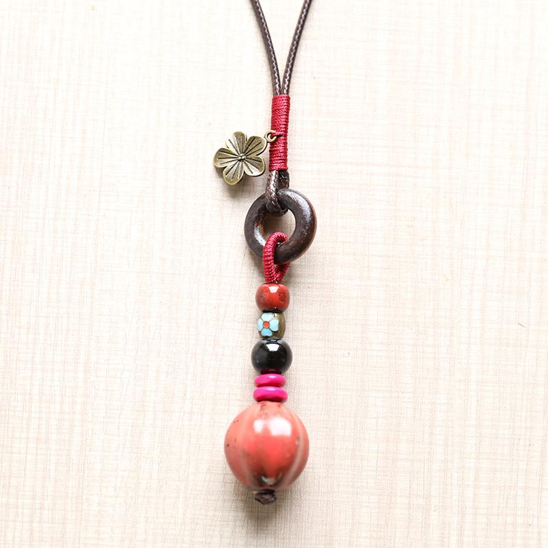 Retro Vintage Ceramic Red Pendant Ethnic Necklace For Women