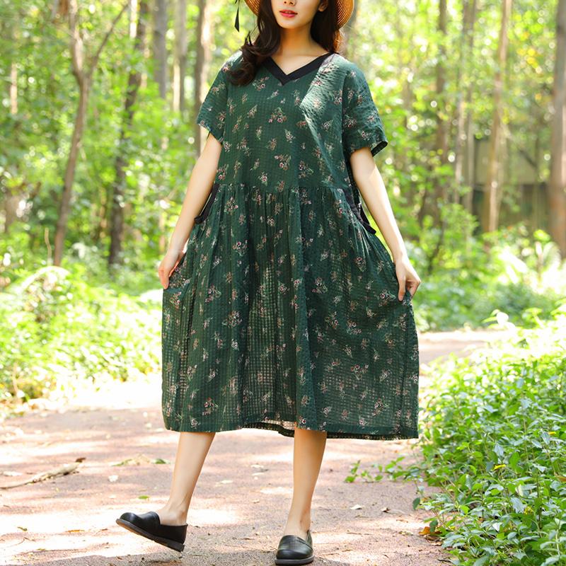 Women Retro Short Sleeve Pockets Printing Pleated Green Dress