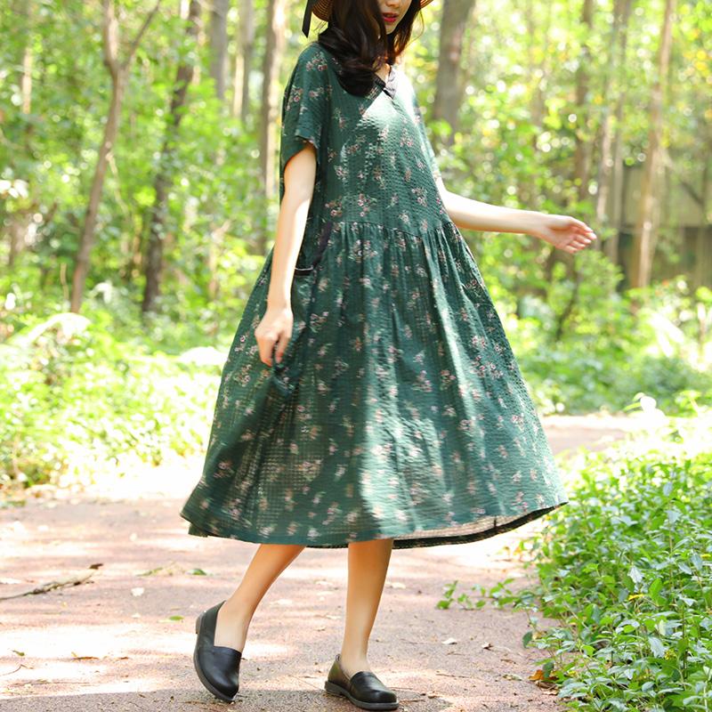 Women Retro Short Sleeve Pockets Printing Pleated Green Dress