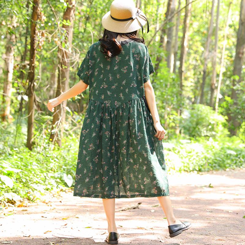 Women Retro Short Sleeve Pockets Printing Pleated Green Dress