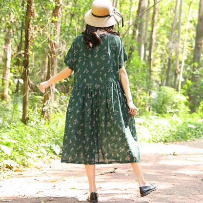 Women Retro Short Sleeve Pockets Printing Pleated Green Dress