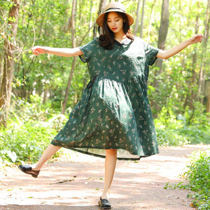 Women Retro Short Sleeve Pockets Printing Pleated Green Dress