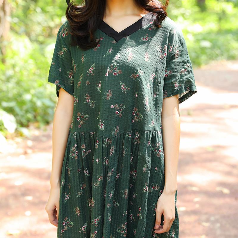Women Retro Short Sleeve Pockets Printing Pleated Green Dress