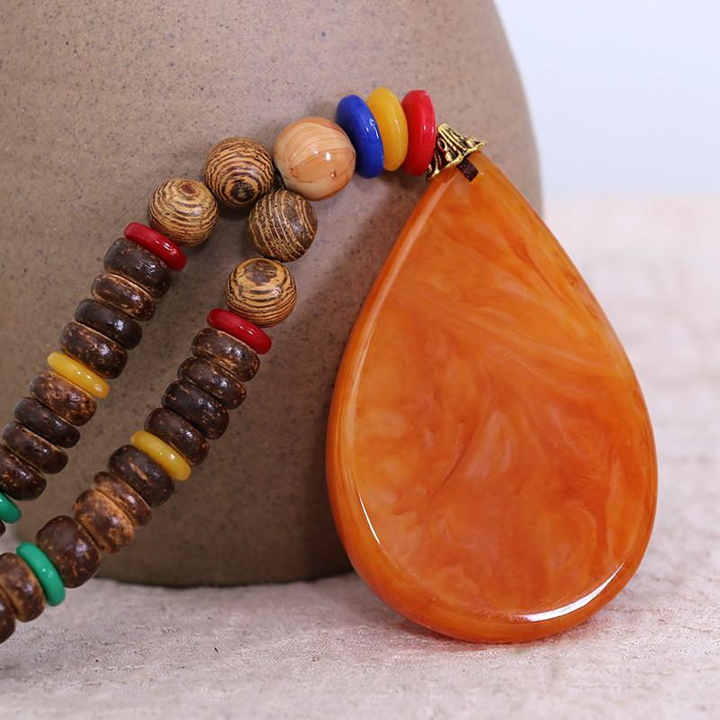 Women Wooden Beads Retro Beeswax Pendant Necklace