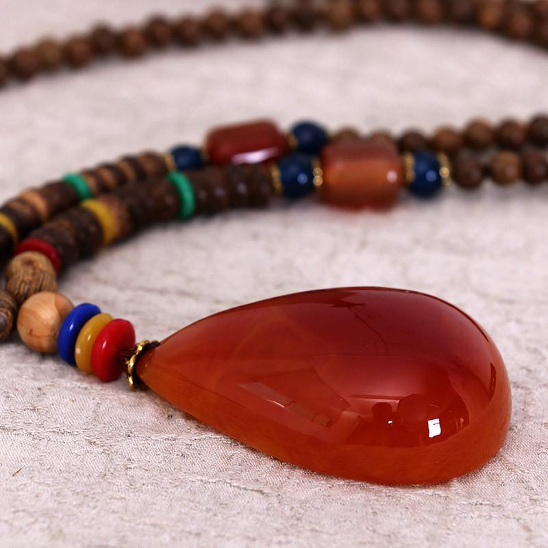 Women Wooden Beads Retro Beeswax Pendant Necklace