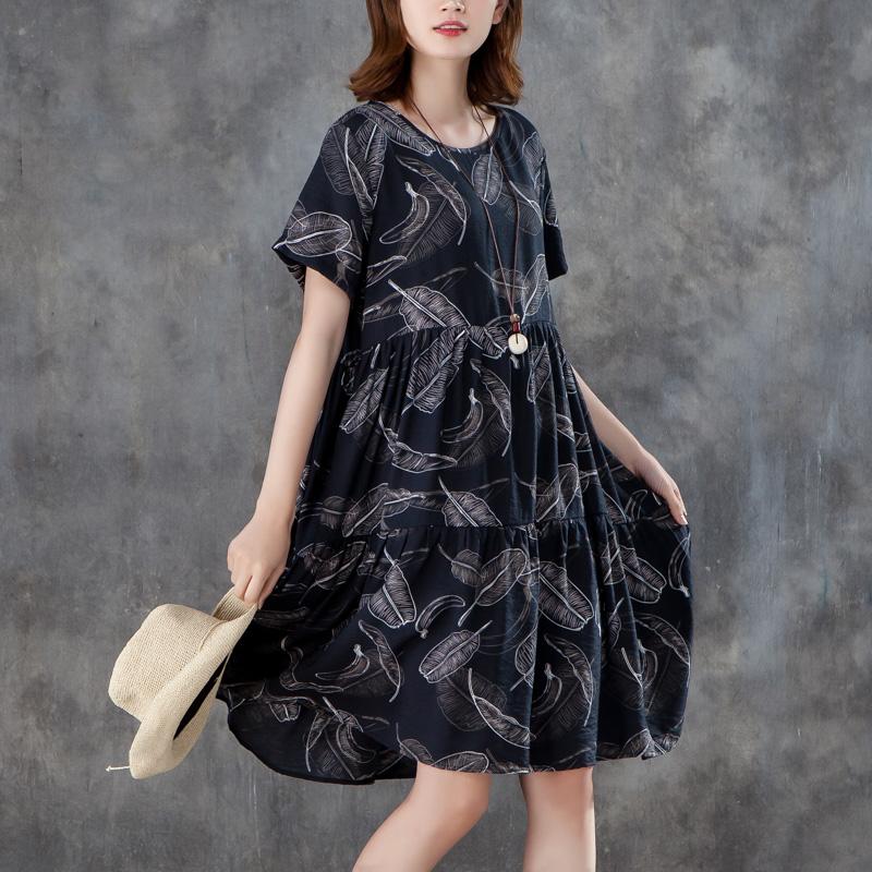 Women Short Sleeve Printed Pleated Black Dress