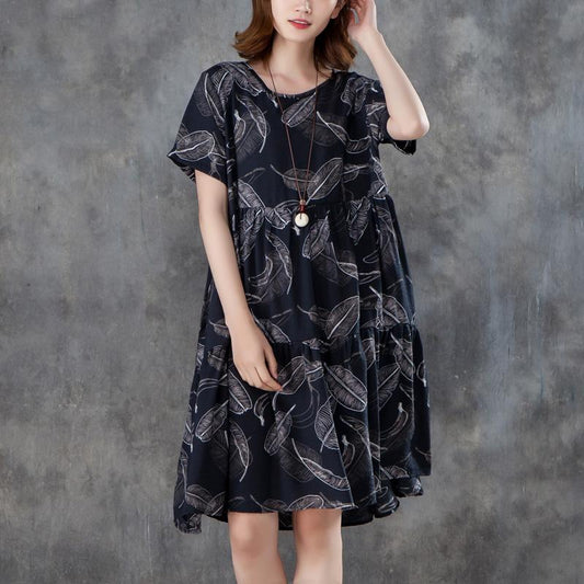 Women Short Sleeve Printed Pleated Black Dress