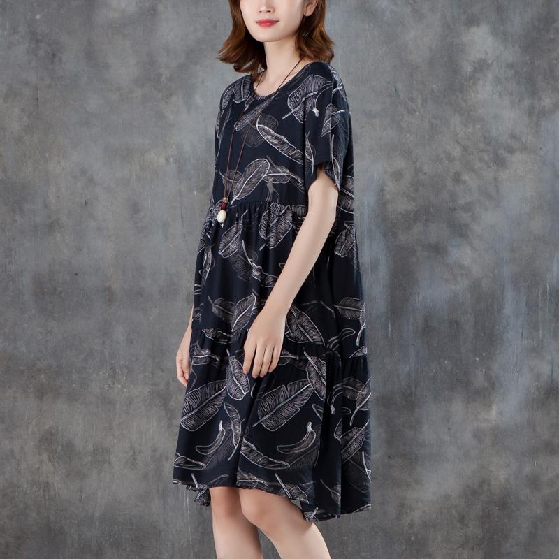 Women Short Sleeve Printed Pleated Black Dress