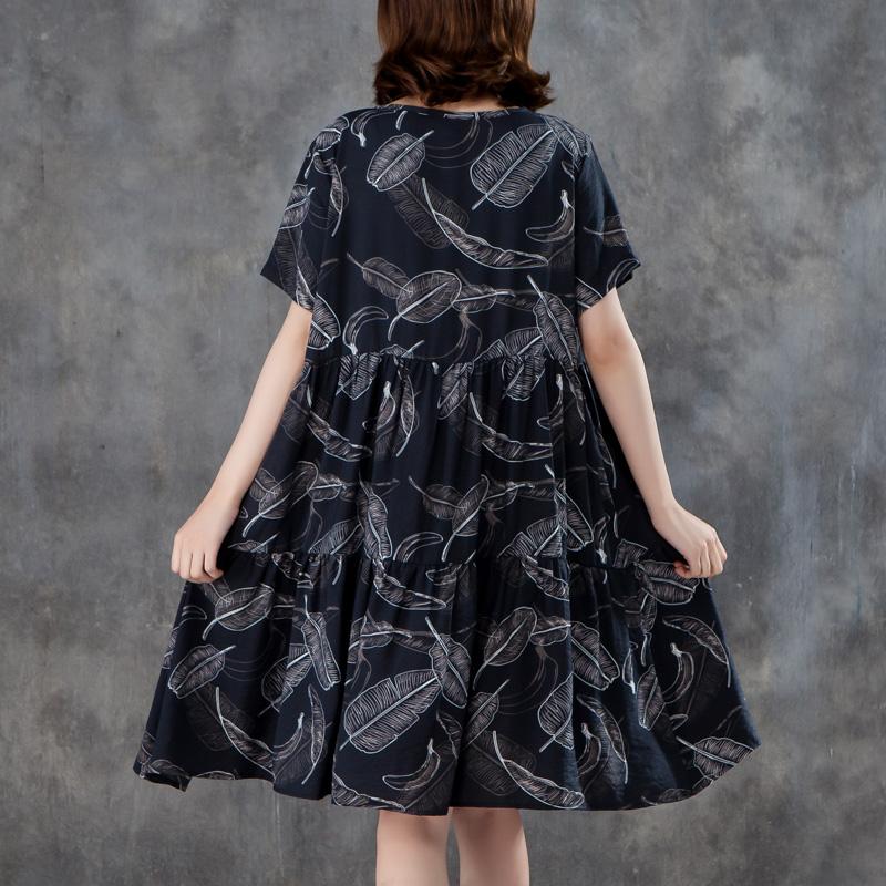 Women Short Sleeve Printed Pleated Black Dress