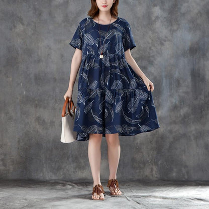 Women Short Sleeve Printed Pleated Blue Dress