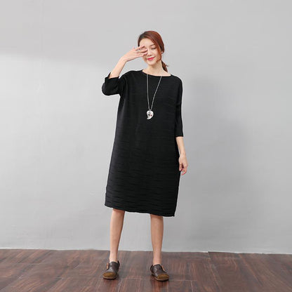 Stylish Women Stripe Three Quarter Sleeves Knitting Black Dress