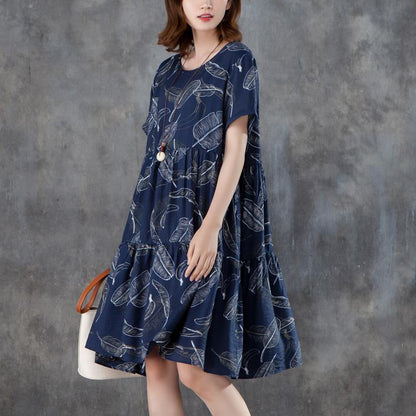 Women Short Sleeve Printed Pleated Blue Dress