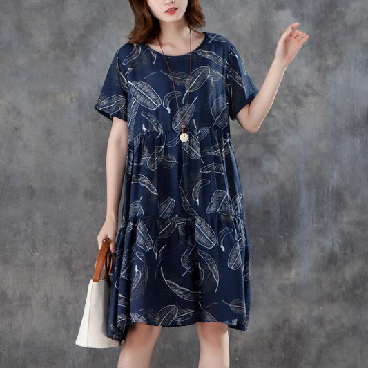Women Short Sleeve Printed Pleated Blue Dress