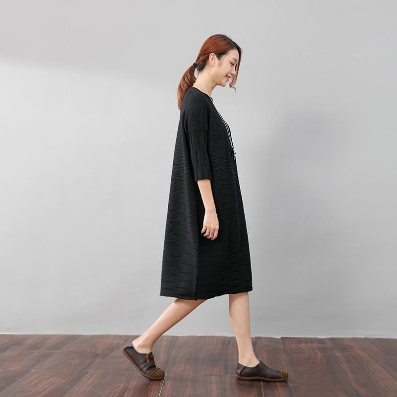Stylish Women Stripe Three Quarter Sleeves Knitting Black Dress