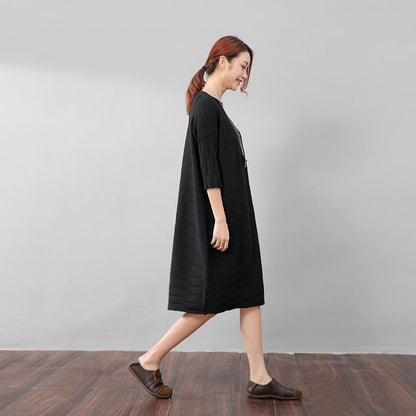 Stylish Women Stripe Three Quarter Sleeves Knitting Black Dress