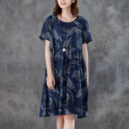 Women Short Sleeve Printed Pleated Blue Dress