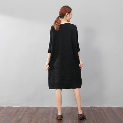 Stylish Women Stripe Three Quarter Sleeves Knitting Black Dress
