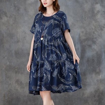 Women Short Sleeve Printed Pleated Blue Dress