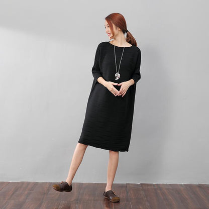 Stylish Women Stripe Three Quarter Sleeves Knitting Black Dress