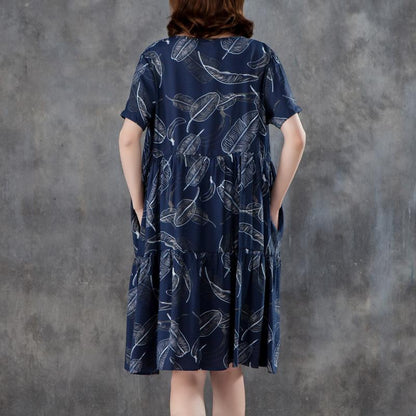 Women Short Sleeve Printed Pleated Blue Dress
