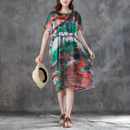 Women Short Sleeve Printed Pleated Lacing Dress