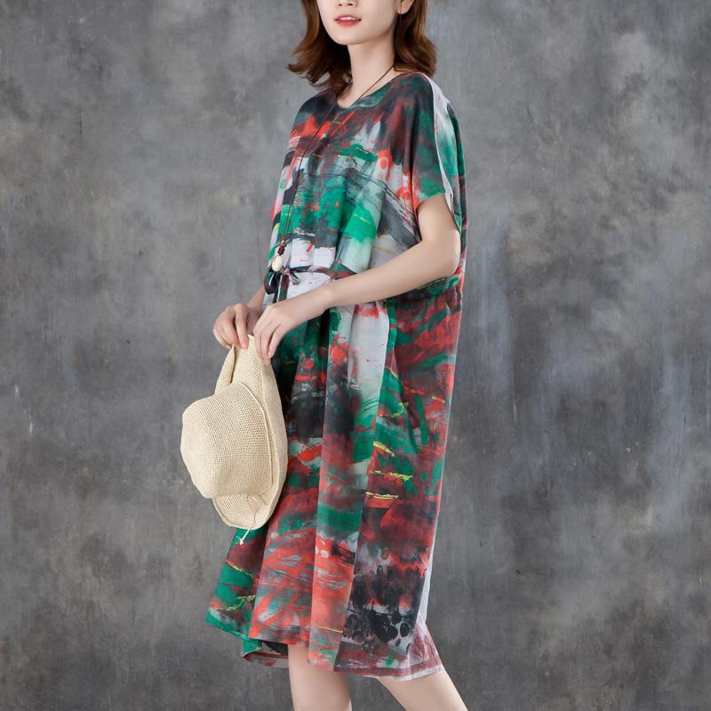 Women Short Sleeve Printed Pleated Lacing Dress