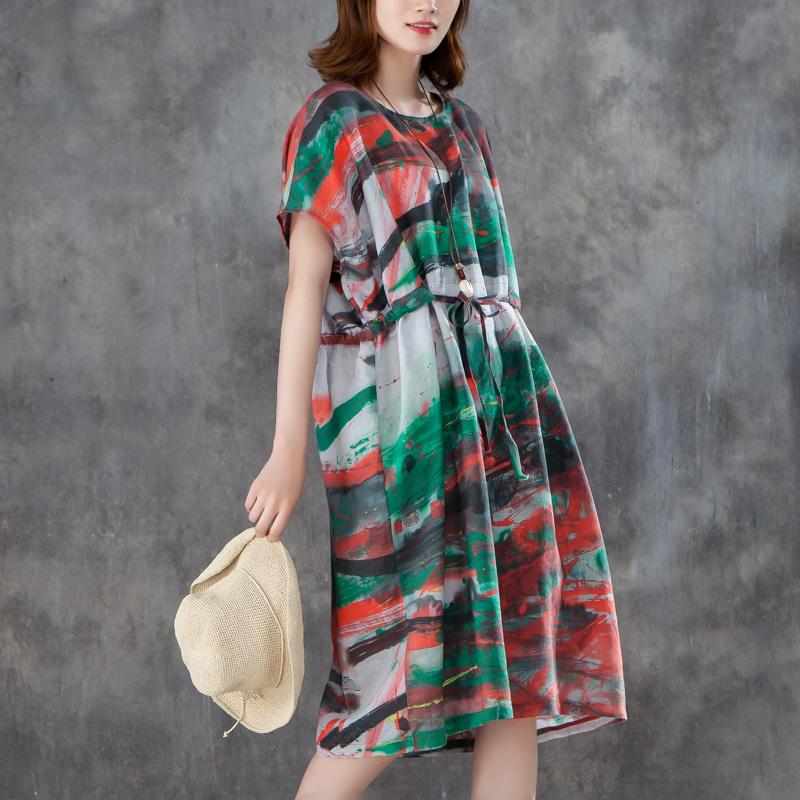 Women Short Sleeve Printed Pleated Lacing Dress