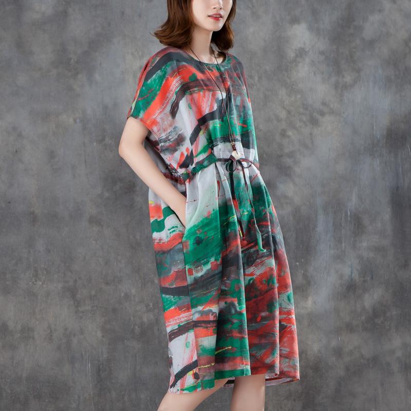 Women Short Sleeve Printed Pleated Lacing Dress