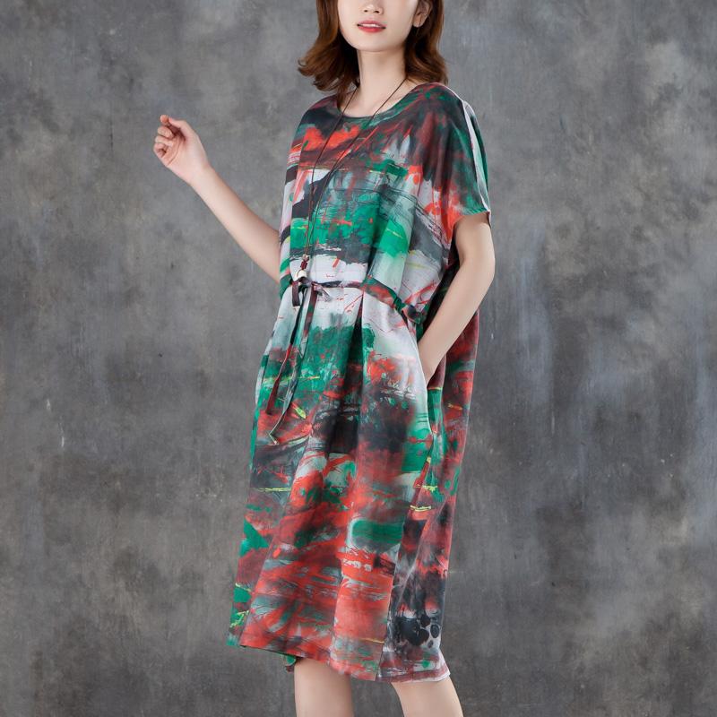 Women Short Sleeve Printed Pleated Lacing Dress