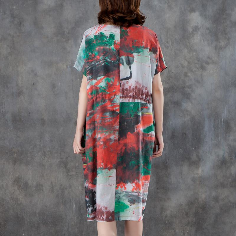 Women Short Sleeve Printed Pleated Lacing Dress