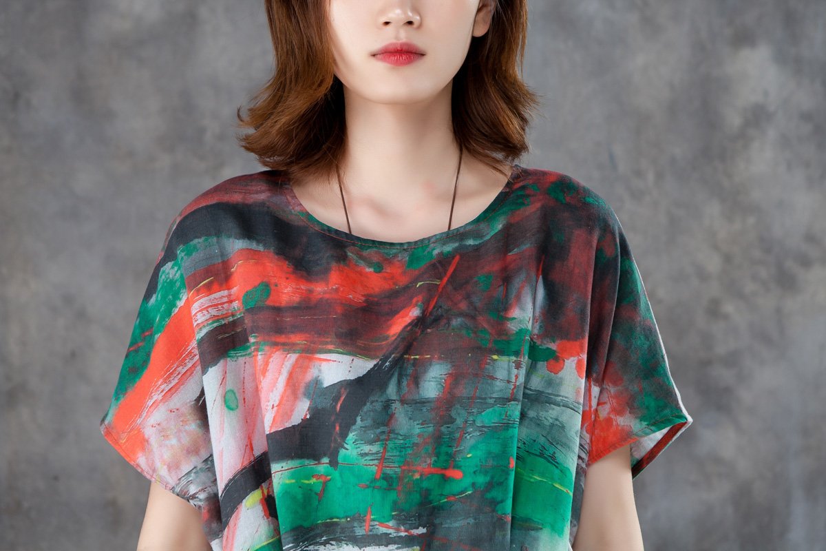 Women Short Sleeve Printed Pleated Lacing Dress