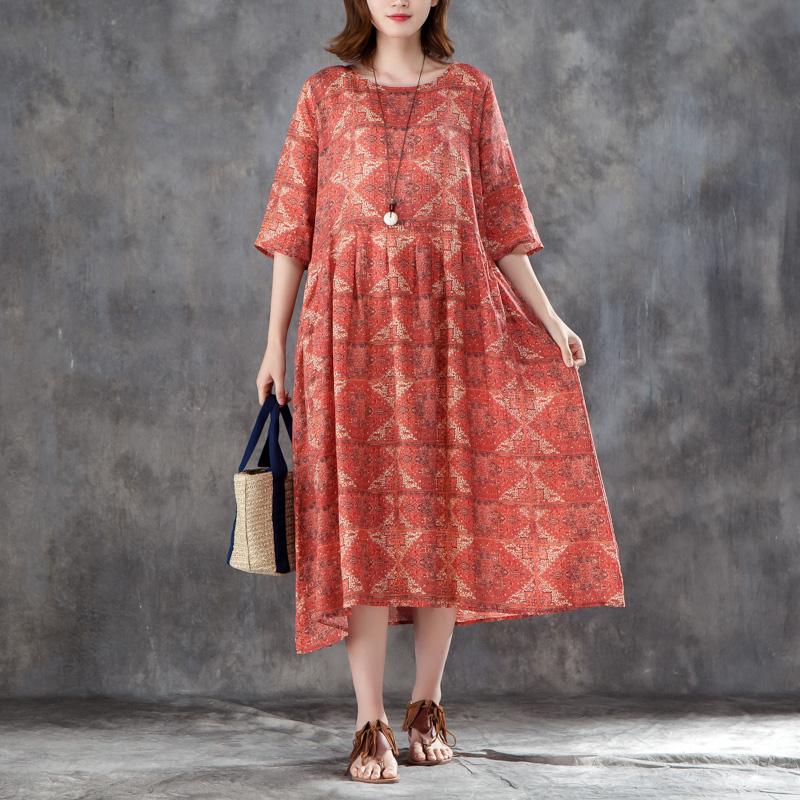 Women Linen Printed Pleated Pockets 1/2 Sleeve Dress