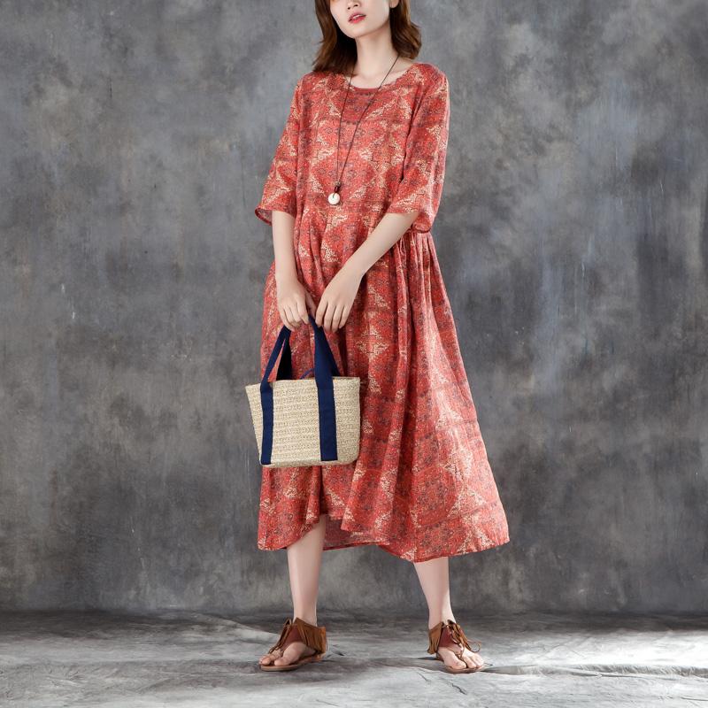Women Linen Printed Pleated Pockets 1/2 Sleeve Dress