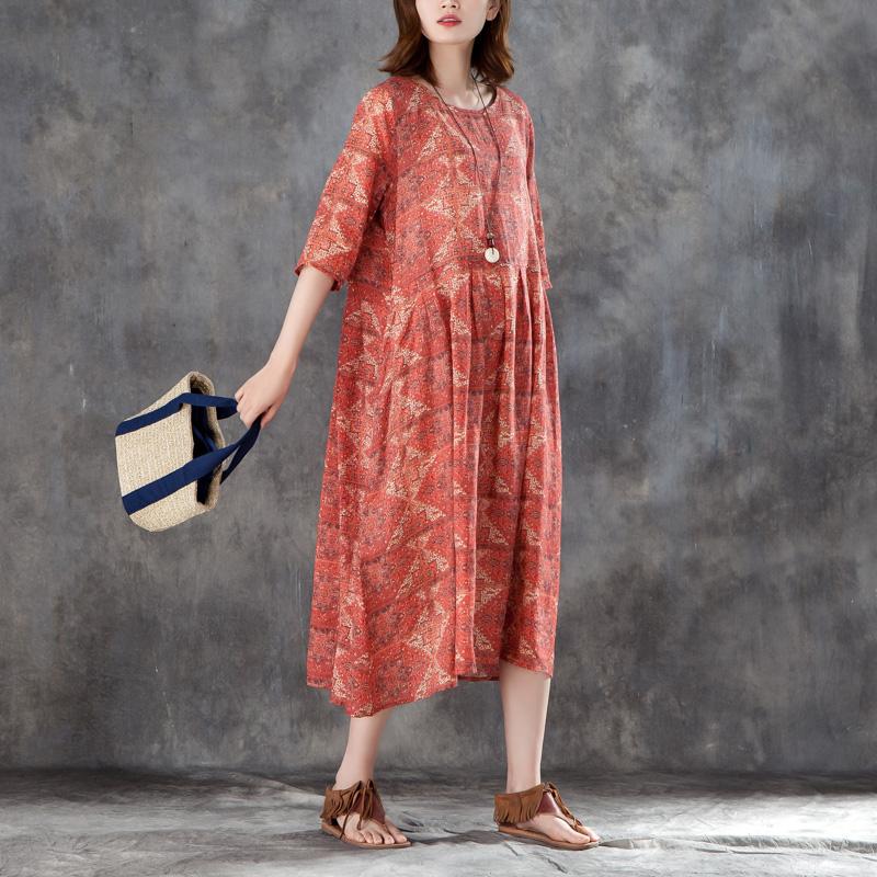 Women Linen Printed Pleated Pockets 1/2 Sleeve Dress
