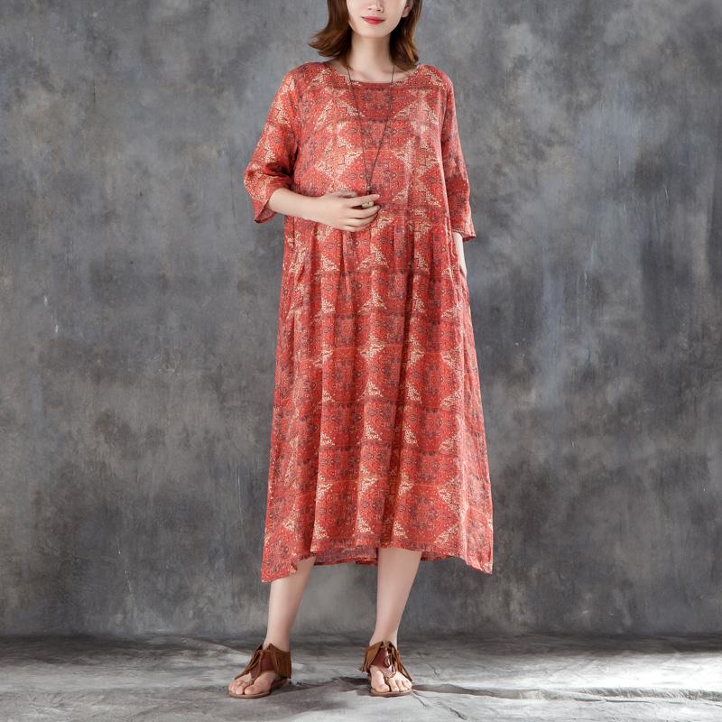 Women Linen Printed Pleated Pockets 1/2 Sleeve Dress