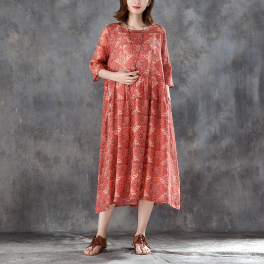 Women Linen Printed Pleated Pockets 1/2 Sleeve Dress