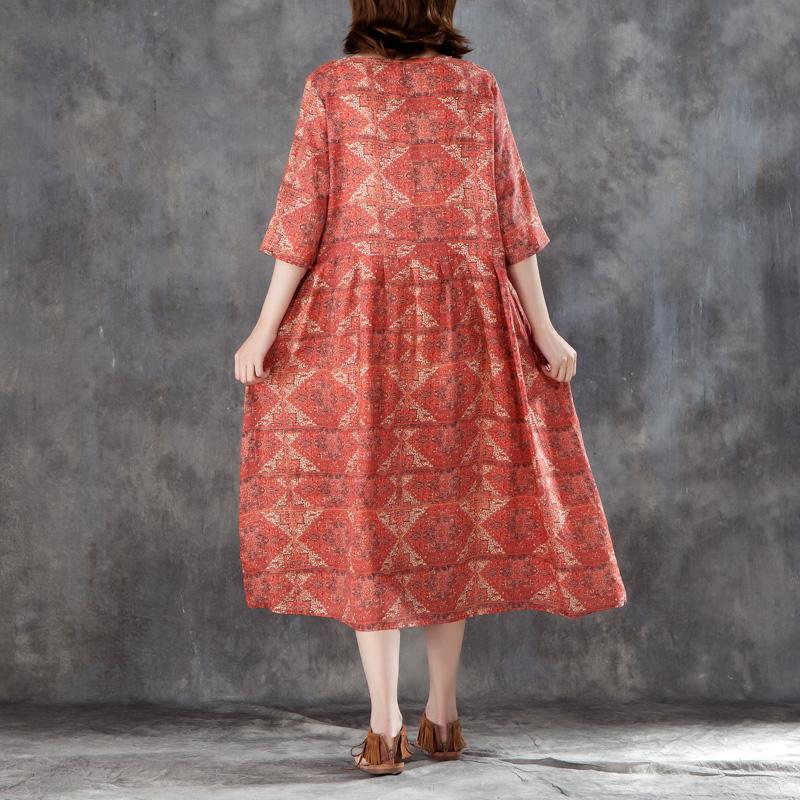 Women Linen Printed Pleated Pockets 1/2 Sleeve Dress