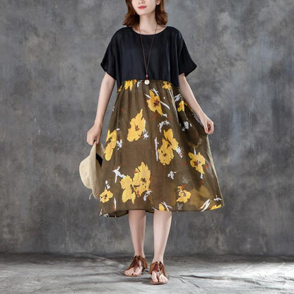 Women Short Sleeve Printed Patchwork Loose Dress