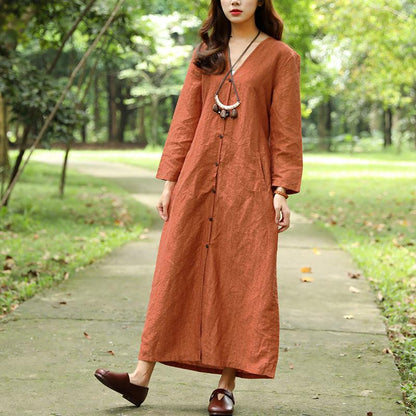 Women Spring Autumn V Neck Single Breasted Orange Dress