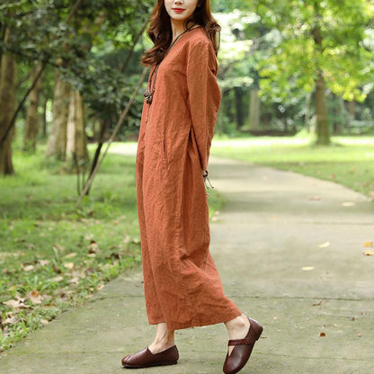 Women Spring Autumn V Neck Single Breasted Orange Dress