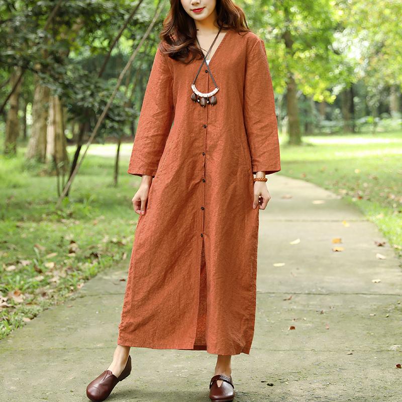 Women Spring Autumn V Neck Single Breasted Orange Dress