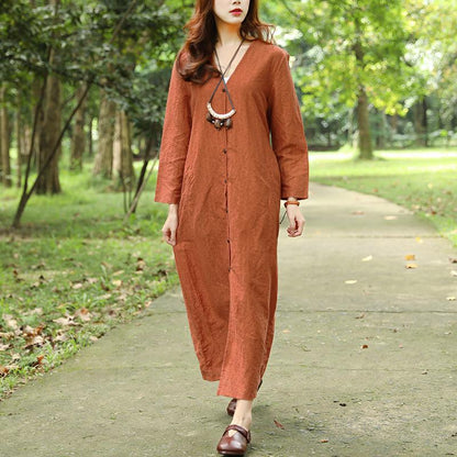 Women Spring Autumn V Neck Single Breasted Orange Dress