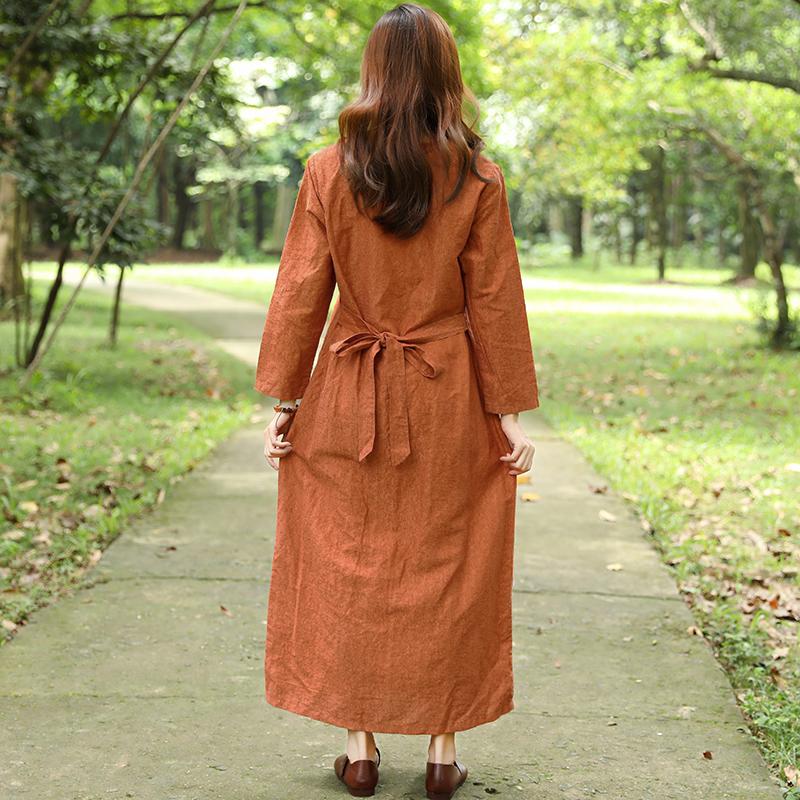 Women Spring Autumn V Neck Single Breasted Orange Dress